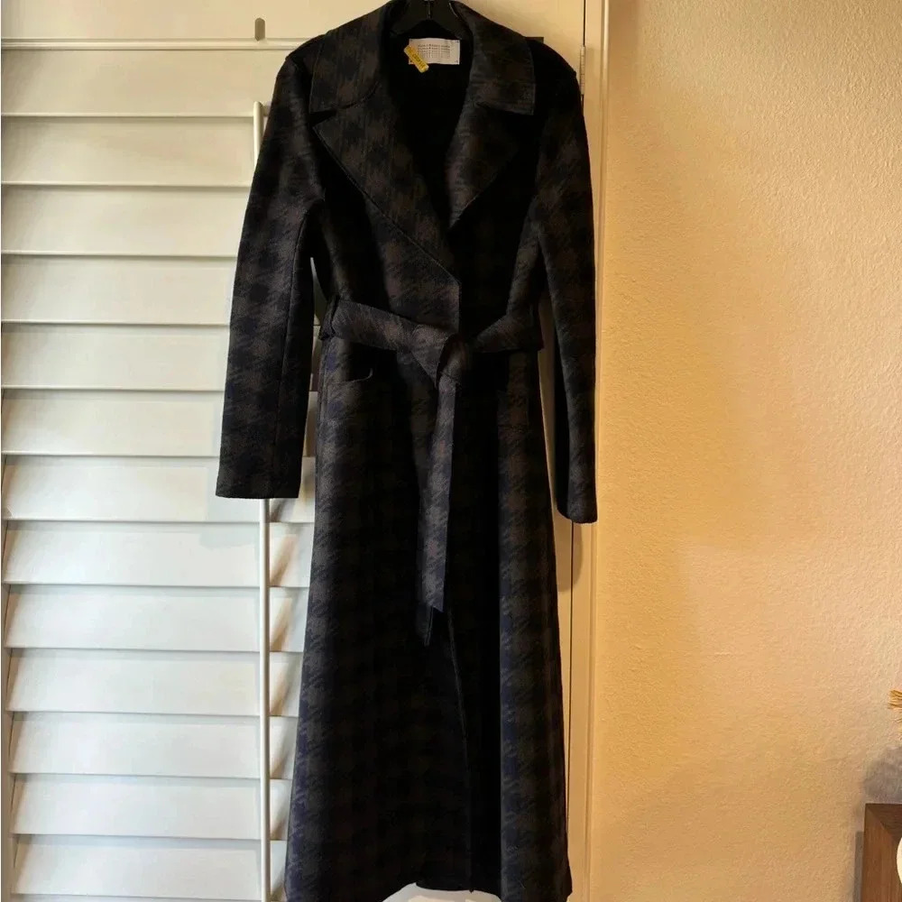 HARRIS WHARF LONDON EUC Gingham Belted Wool Maxi Coat Chocolate Brown Blue 10 44 - Picture 10 of 16